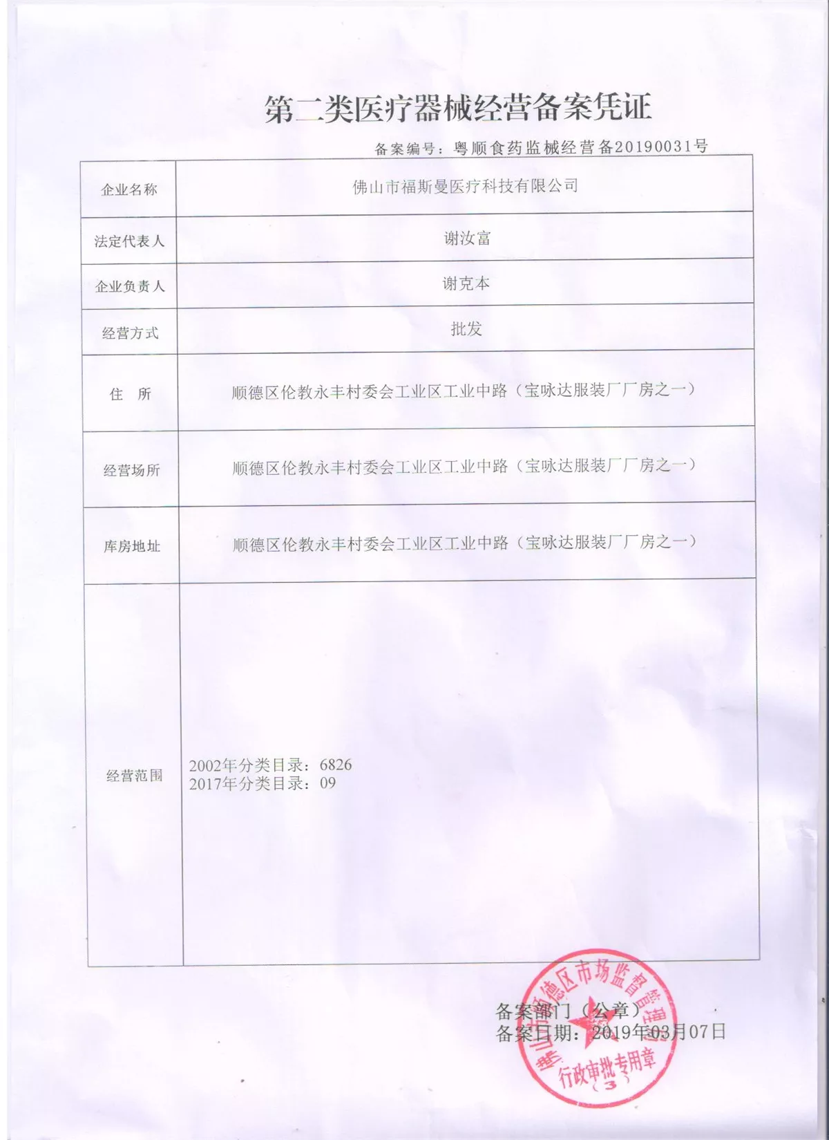 第二类医疗器械经营备案凭证